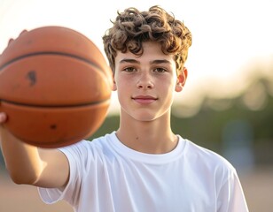 Boy holding basketball outdoors