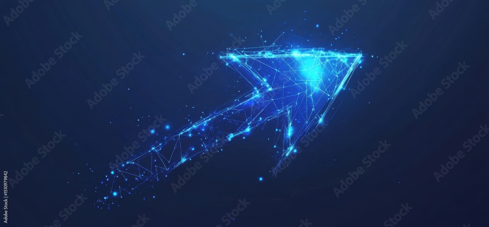 Poster abstract blue arrow background with a digital grid and glow effect on a dark blue background, a tech