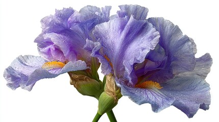   A close-up of two purple flowers with droplets on petals and attached to stems