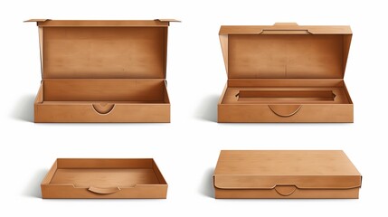 Realistic cardboard box mockup set from side, front and top view open and closed isolated on white background. Parcel packaging template - vector illustration