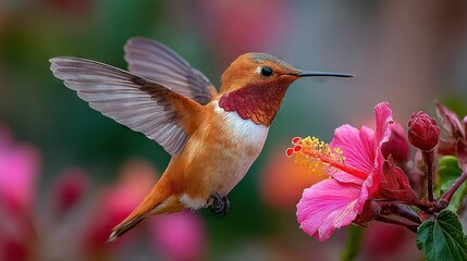 Fototapeta premium A hummingbird hovers over a pink flower amidst a blurred background of red and pink flora