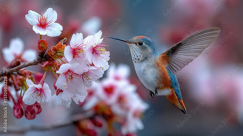 Poster a hummingbird rests on the white and red branch of a tree, surrounded by a fuzzy backdrop