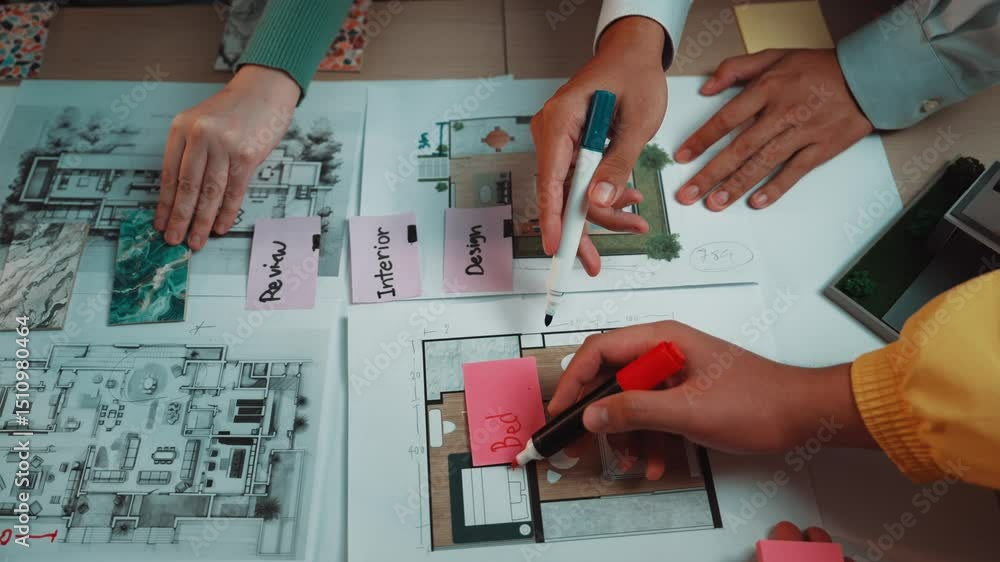 Poster a vibrant scene showing professionals engaging in a collaborative design process, surrounded by sket