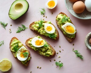 an appetizing display of toast topped with smashed avocado, garnished with sliced hard boiled eggs and sprinkled with herbs