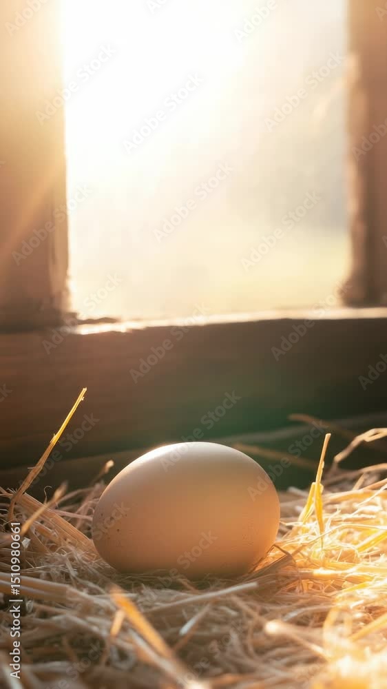 Aufkleber golden sunlight streams through a window of a chicken coop, illuminating a freshly laid egg resting 