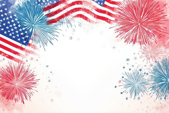  Patriotic fireworks with waving US flags frame white space for celebration, pride, independence, and festive American design