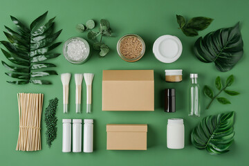 Eco-friendly packaging and natural ingredients arranged on green background Generative AI