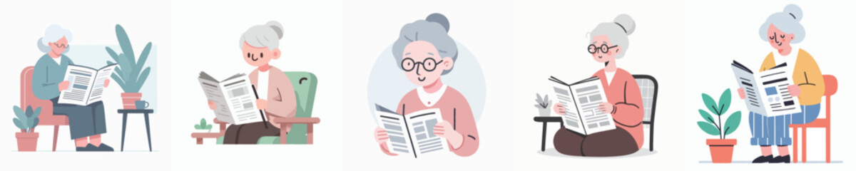vector of a grandmother reading a newspaper