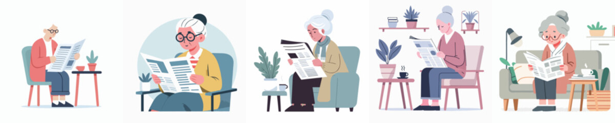vector of a grandmother reading a newspaper