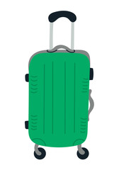 Green rolling suitcase with extended handle in simple flat style illustration. Travel and mobility concept representing vacation, journey or airport transport