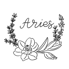 Aries zodiac sign with elegant handwritten text surrounded by floral wreath. Astrology and botanical concept combining celestial energy and springtime nature