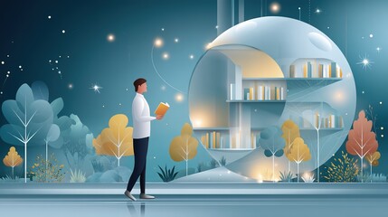 youth reads book in bubble-library in surreal landscape, concept of knowledge