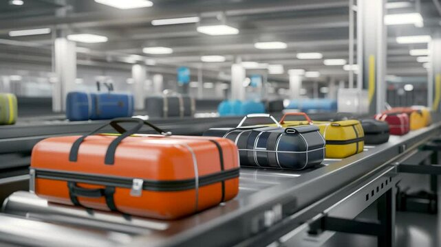 Baggage on a conveyor belt at an airport. Various suitcases in different colors, including an orange hard-shell case, are moving along the track.