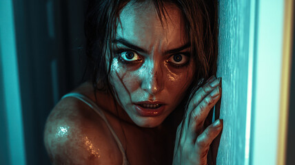 Woman in a dark corridor, frozen in palpable fear, gripping the wall in alarm