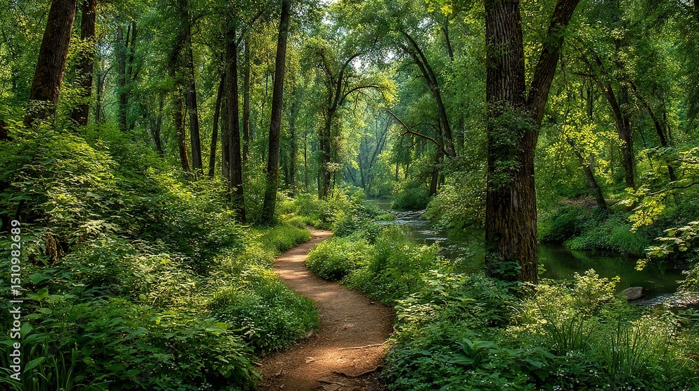 Aufkleber a path through the forest runs parallel to a stream, dividing the two sides of the forest