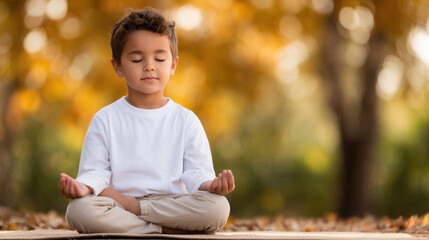 Child meditates peacefully in a park surrounded by autumn trees and soft sunlight