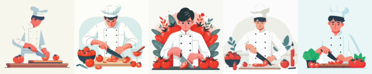 vector of a chef slicing tomatoes
