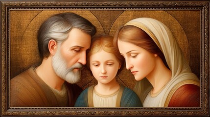 Holy Family, Mary, Joseph, infant Jesus, antique frame, religious portrait
