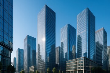 Obraz premium Modern Business Hub Gleaming Office Skyscrapers in a Commercial District Against a Clear Blue Sky Symbolizing Corporate Success and a High Tech Work Environment Bright Clean Background