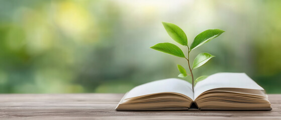 Open book with fresh green plant growing from its pages in a peaceful outdoor setting.concept of new knowledge, useful knowledge, education, science. positive rich thinking