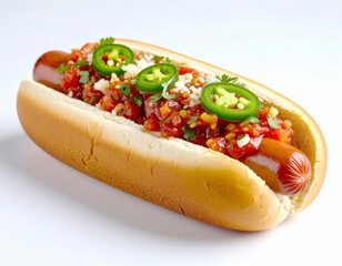 Hotdog topped with red Mexican salsa and chili pepper. AI