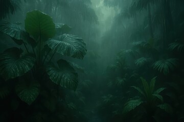 Mysterious Rainforest Downpour A Lush Dark Tropical Forest Scene During a Heavy Rain Shower with Large Exotic Plants Shrouded in Mist and Green Hues AI Generated