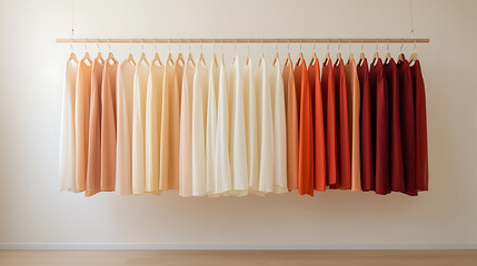Fabric Colors Spectrum: Gradient from light to dark tones displayed on individual hangers creating a harmonious visual flow.