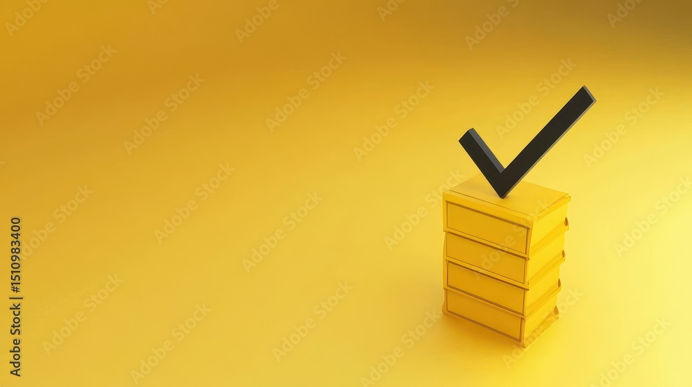 Poster checklist selection icon: 3d check mark on vibrant yellow, symbolizing approval and quality assuranc