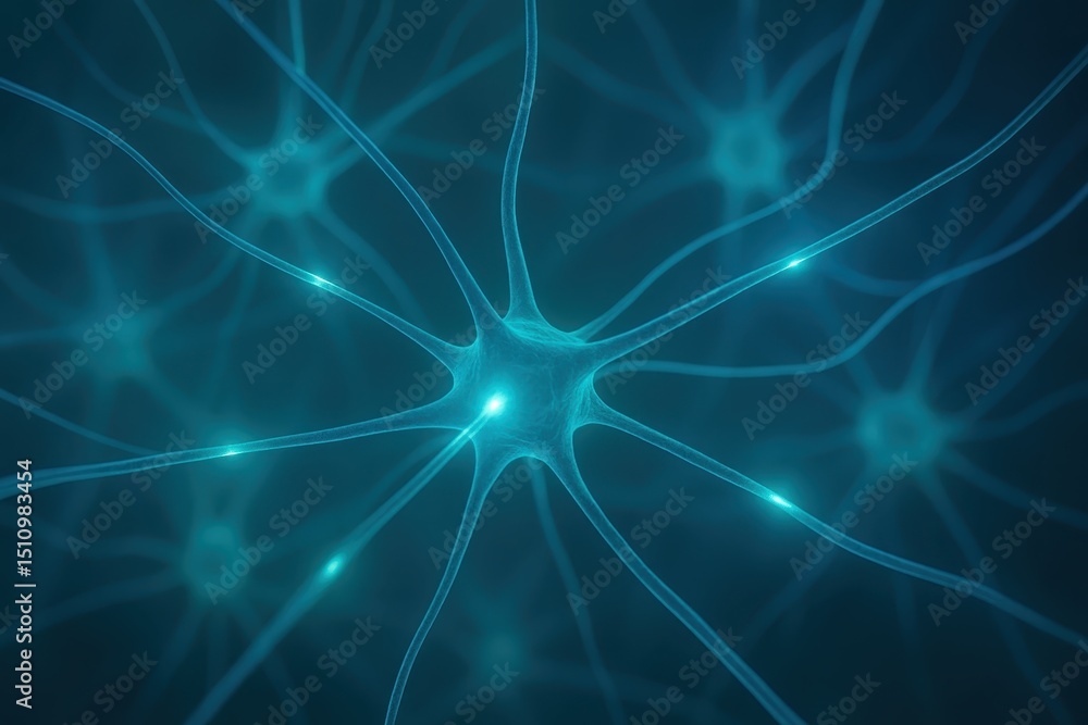 Poster neural network illumination conceptual illustration of glowing neuron cells with interconnected syna