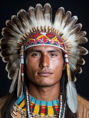 Portrait of a man in a traditional Native American feather and bead headdress, symbol of culture and heritage