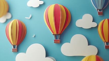 Colorful paper hot air balloons and clouds against a light blue background.