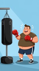 A man in boxing gloves smiles and sweats while hitting a punching bag indoors