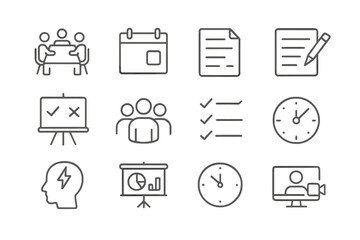 Business icons: meetings, documents, charts, clock, people, checklist
