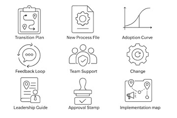 Business strategy icons: transition, support, change, guide, approval, implementation
