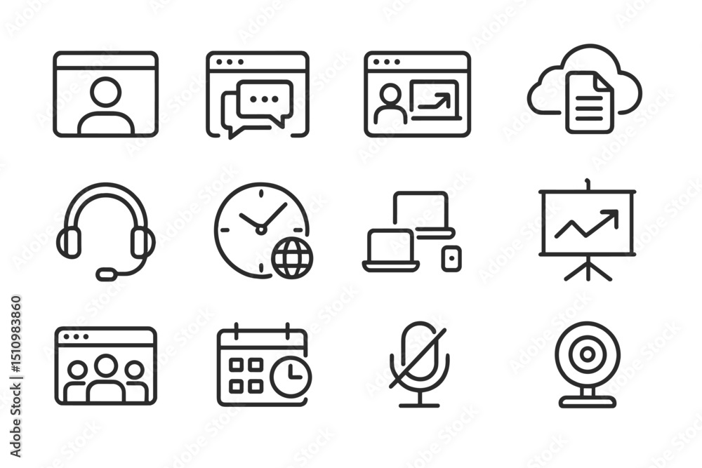 Poster digital interface icons for online communication and remote work concepts