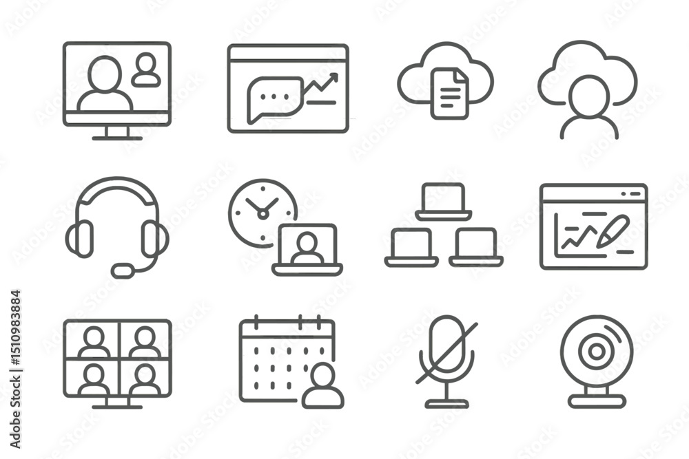 Poster digital communication icons set with cloud and conferencing symbols