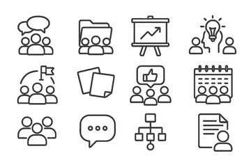 Minimalist business icons set featuring teamwork and organization concepts