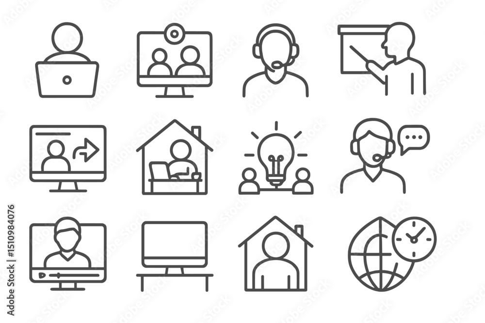 Poster set of icons representing various remote work and online communication concepts