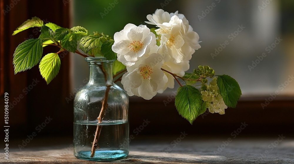 Poster a close-up of a vase filled with flowers on a table with a window in the background