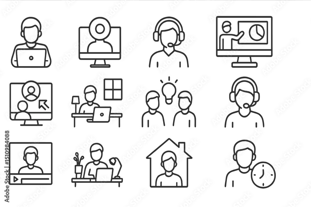 Poster outline icons of remote work and video conferencing elements