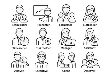 Illustrated icons of business professionals and their roles