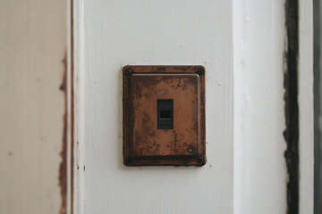 Vintage light switch with a weathered, rustic copper plate, mounted on a white surface, offering a glimpse into nostalgic interior design.