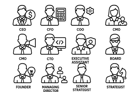Outline icons of business roles: ceo, cfo, coo, strategist, and more