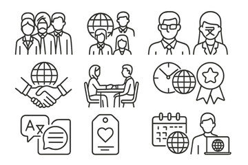 Business and communication icons with diverse professionals in office settings