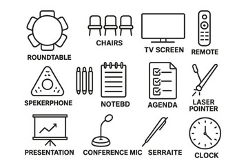 Office equipment icons: conference table, chairs, screen, remote, mic, clock