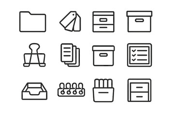 Office supply icons set: organization and stationery essentials