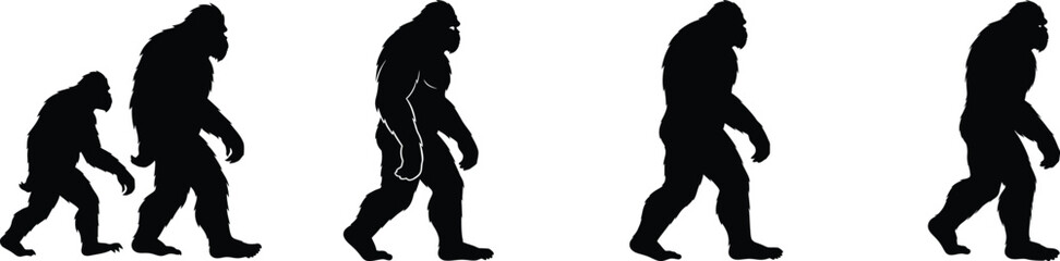 Bigfoot Sasquatch Evolution Walking Silhouette Sequence, Mythical Primate Cryptid Creature Legend AI Generative
