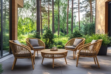 Fototapeta premium Cozy Outdoor Seating with Rattan Chairs and Table on the Garden Terrace