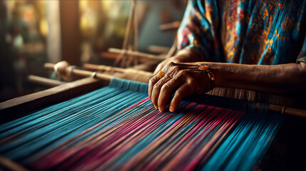 Wrinkled hands of an elderly Native American or Indigenous woman weaving a rug