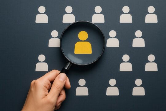 Targeting Ideal Candidates A Hand Holding a Magnifying Glass Focusing on a Yellow People Icon Among White Ones Symbolizing Customer Focus Group Recruitment and Market Research AI